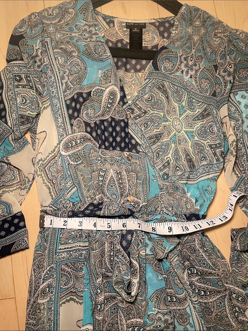NWOT - KATE AND LILY - Maxi Dress Long Sleeve Paisley Teal/Navy Waist Tie - Picture 7 of 7